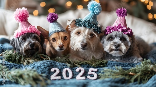 Cute dogs and cats celeberate 2025 Happy New Year ,Animal Party ,wear party hats, with 