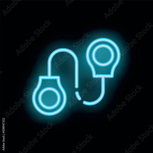 Bright blue neon handcuffs glowing on a black background