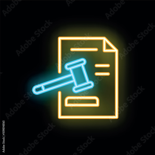 Blue neon gavel striking legal document icon glowing on black background