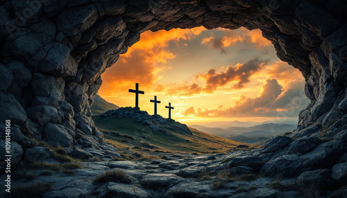 landscape with a jesus stone that cave opening revealing three crosses on a hill at sunset