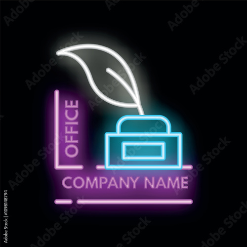 Neon sign displaying a green office with a leaf growing from a briefcase, symbolizing eco friendly business practices