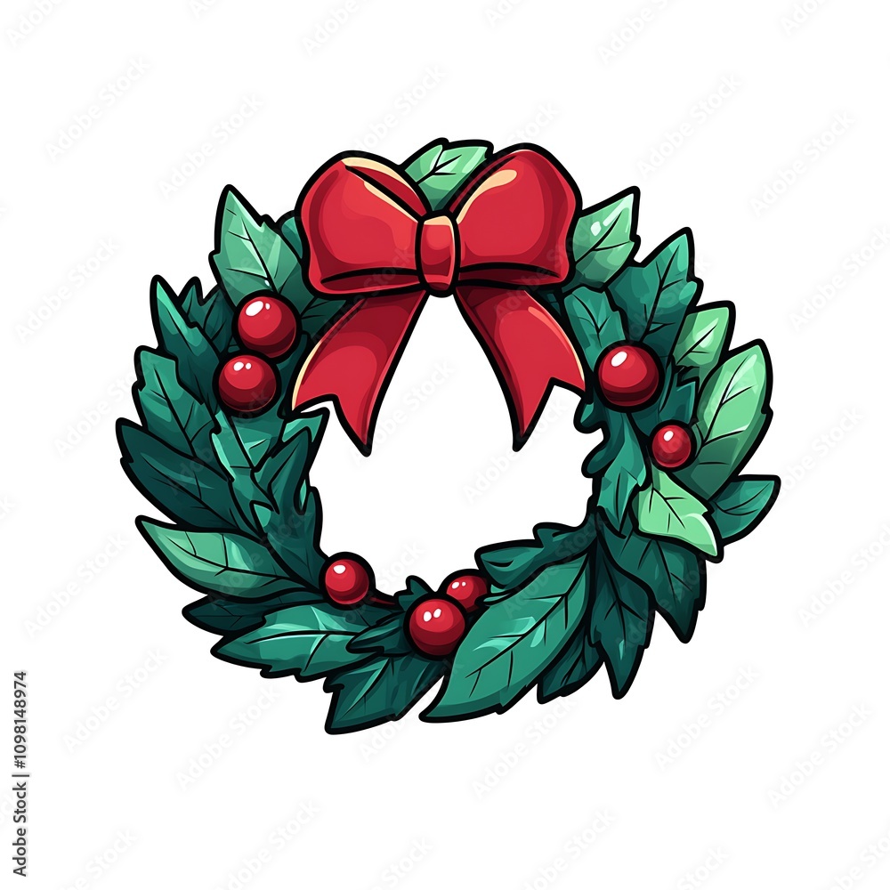 Naklejka premium Holly Wreath with Red Ribbon Cartoon for Holidays