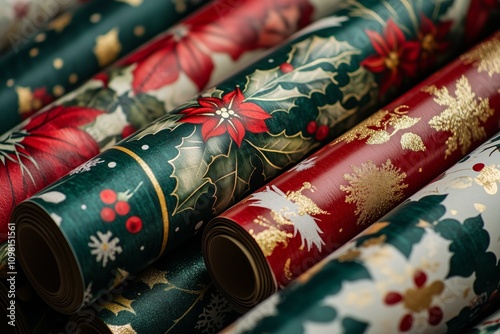 Christmas wrapping paper rolls with retro prints in red green white and gold. The pattern green leaves, red flowers, white snowflakes, gold accents, dark brown wooden sticks, and light blue sky photo