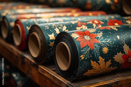 Christmas wrapping paper rolls with retro prints in red green white and gold. The pattern green leaves, red flowers, white snowflakes, gold accents, dark brown wooden sticks, and light blue sky photo