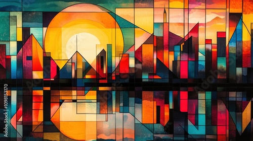 Abstract Cityscape with Geometric Shapes and a Setting Sun photo