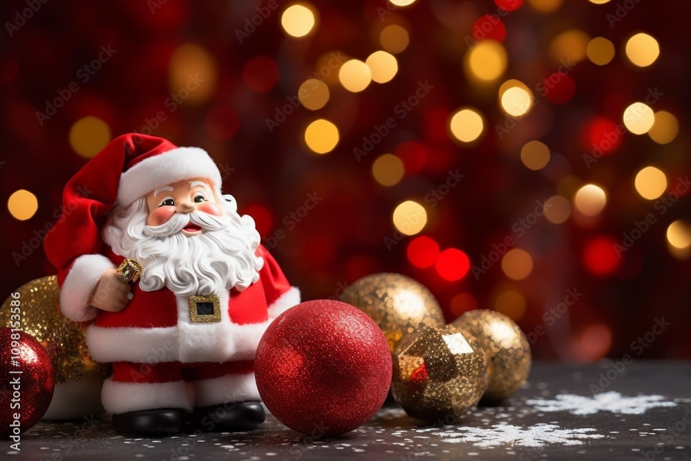 A festive Santa figurine with colorful ornaments and enchanting bokeh lights for a magical holiday