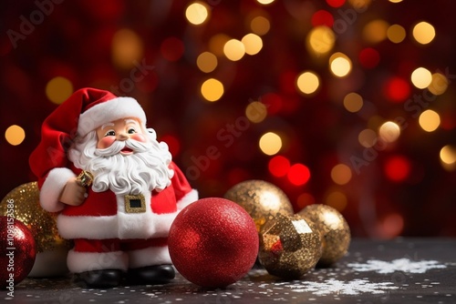 Obraz na płótnie A festive Santa figurine with colorful ornaments and enchanting bokeh lights for a magical holiday w salonie