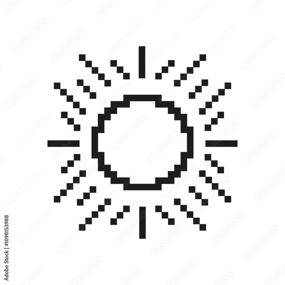 Fototapeta premium Pixelated Sun Icon with Radiating Rays. Bright Sunlight in Pixel Art Style. Solar Energy and Light. Isolated Vector Illustration