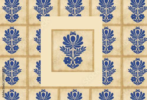 Seamless azulejo blue pattern, Mediterranean geometric floral ornament. Portuguese mosaic