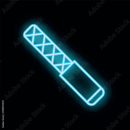 Bright blue neon sign depicting a metal nail file shining on black background