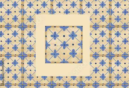 Seamless azulejo blue pattern, Mediterranean geometric floral ornament. Portuguese mosaic
