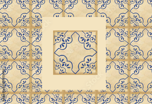 Seamless azulejo blue pattern, Mediterranean geometric floral ornament. Portuguese mosaic