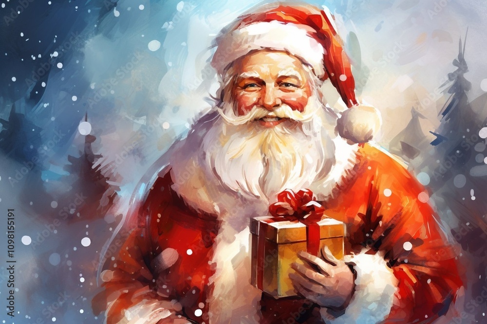 A cheerful Santa Claus stands against a magical Christmas background full of decorations