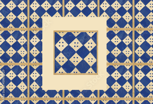 Seamless azulejo blue pattern, Mediterranean geometric floral ornament. Portuguese mosaic