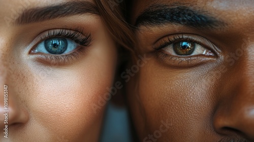 A detailed close-up of a blue-eyed woman and brown-eyed man side-by-side, showcasing diversity, eye color contrast, and human connection. Perfect for beauty and diversity-focused visuals.. AI