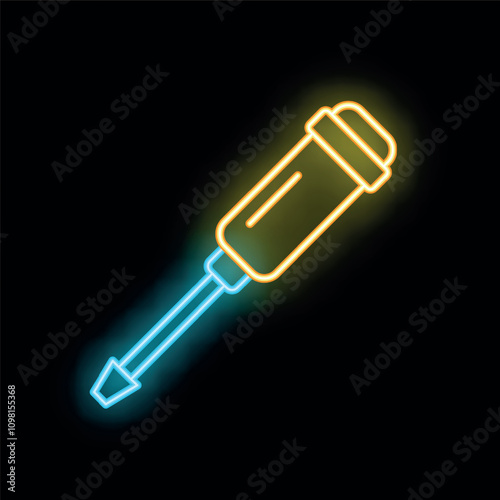 Glowing neon line electric soldering iron icon isolated on black background. Vector illustration