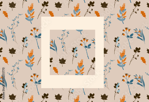 Seamless seasonal autumn botanical floral herbal pattern. Branches of plants with blue and orange rowan berries, blueberries on white background.