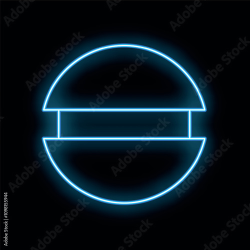 Blue neon sign representing a hamburger icon, glowing on a black background