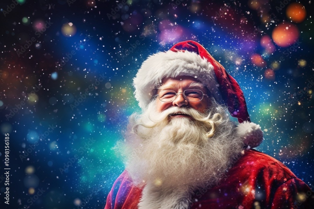 A cheerful Santa Claus stands against a magical Christmas background full of decorations
