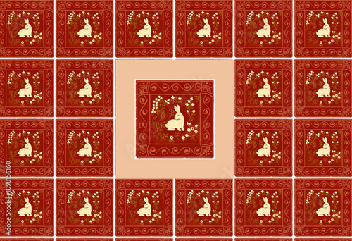 Persian folk ornament with a white rabbit. Geometric red seamless pattern. Decorative glazed square tiles.