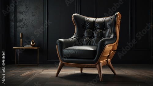 Luxurious black leather armchair with wooden frame in a dark room.
