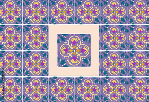 Persian folk pattern. Yellow blue purple seamless geometric pattern. Decorative glazed square tiles.