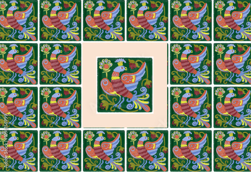 Persian folk green pattern, seamless ornament. Mythical magical bird. Decorative glazed square tiles.