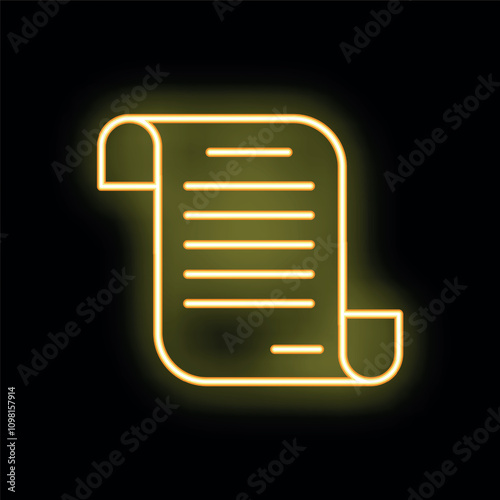 Bright yellow neon paper scroll glowing on black background, concept for history, ancient times or important document