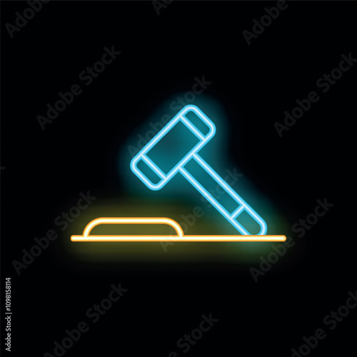 Blue neon hammer striking a surface creating a yellow glow on a black background