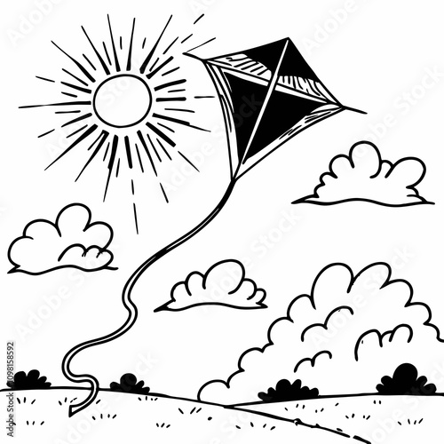 Colorful Kite Soaring in a Sunny Sky - Vector Illustration