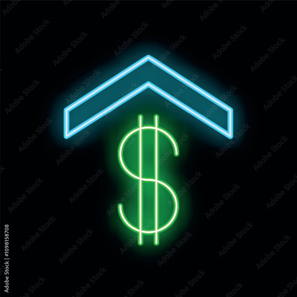 Obraz premium Neon sign showing a green dollar sign increasing with a blue arrow pointing up on a black background