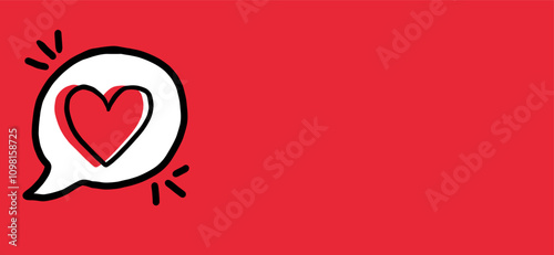 Vector illustration of a white speech bubble with a red heart inside, isolated on a red background. The speech bubble has a hand-drawn style with a black outline and a shadow effect.