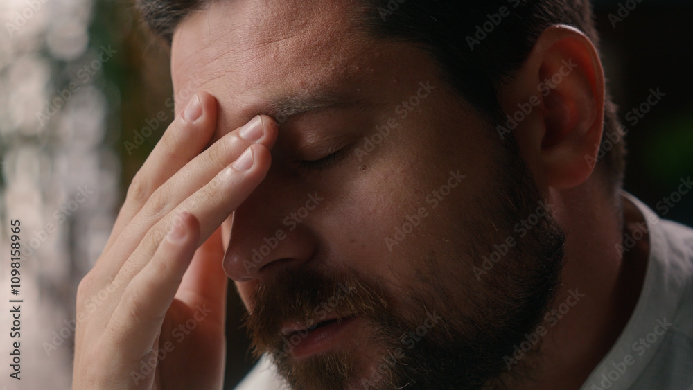 Obraz premium Close up upset Caucasian male businessman man guy thinking in office worker boss holding head headache pain worried corporate leader feeling anxious frustrated business bankruptcy money loss company