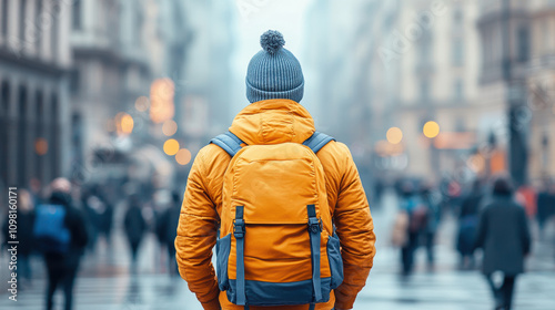 a person demonstrating product usage with intricate details, A traveler in a vibrant orange jacket observes a bustling city square, capturing a moment of urban wonder and exploration. photo