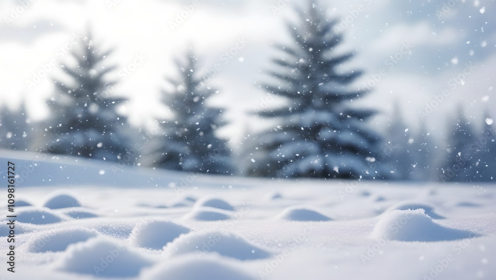 Fototapeta premium Snowy landscape with falling snowflakes created using AI Generative Technology