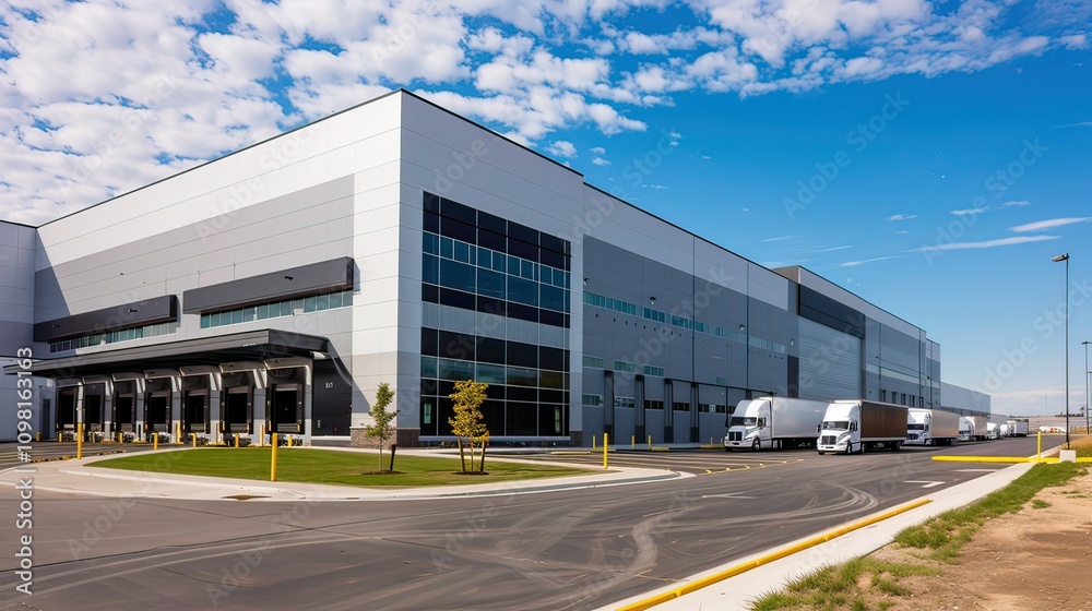 Fototapeta premium A modern distribution center surrounded by delivery trucks.