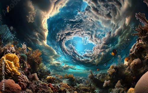 Low-angle view of a vibrant underwater world, coral reefs shimmer beneath climate change clouds, surreal beauty captured photo