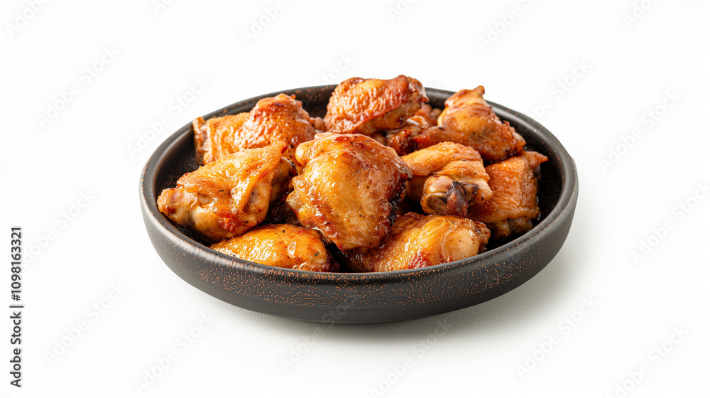 Fototapeta premium Crispy baked chicken thighs piled in a rustic bowl on a white background