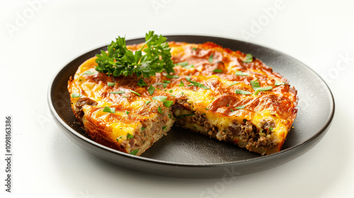 Savory bobotie with a portion removed, garnished with parsley on a black plate against a white background
