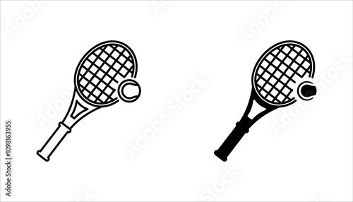 Tennis icon set. Tennis balls and tennis racket. Concept of sports, recreation, entertainment and competition.