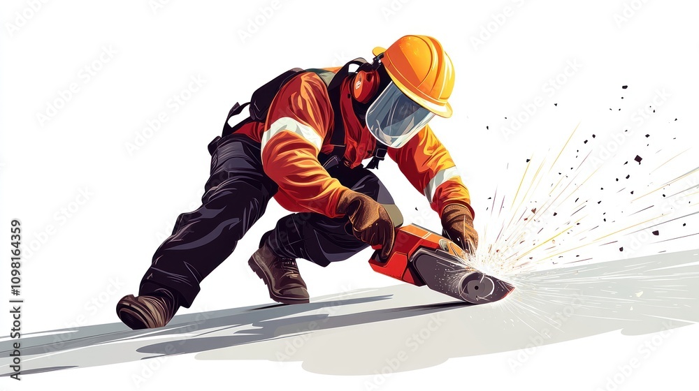 Obraz premium Dynamic Illustration of Worker Using Angle Grinder