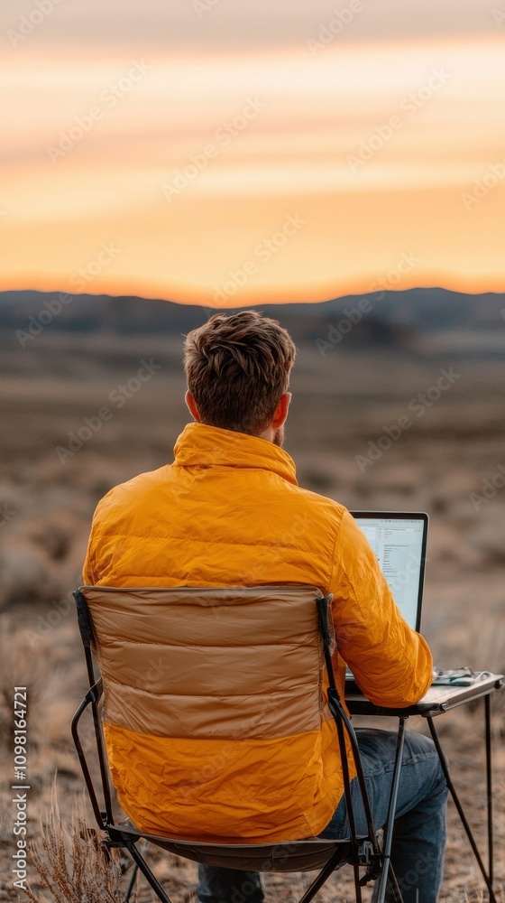 Fototapeta premium Person working remotely in nature at sunset.