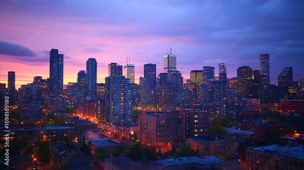 Obraz premium The glowing lights of a city skyline at twilight, with the last traces of daylight fading behind towering buildings 