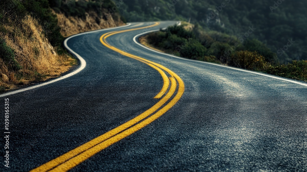 Obraz premium Winding Asphalt Road Through a Lush Forest Landscape