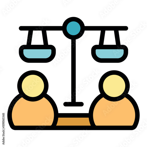 Two individuals are positioned beneath a balanced scale, symbolizing equality, justice, and a fair decision making process