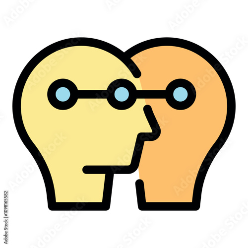 Two heads are connected by circles, symbolizing the sharing of thoughts, ideas, and knowledge between individuals, fostering collaboration