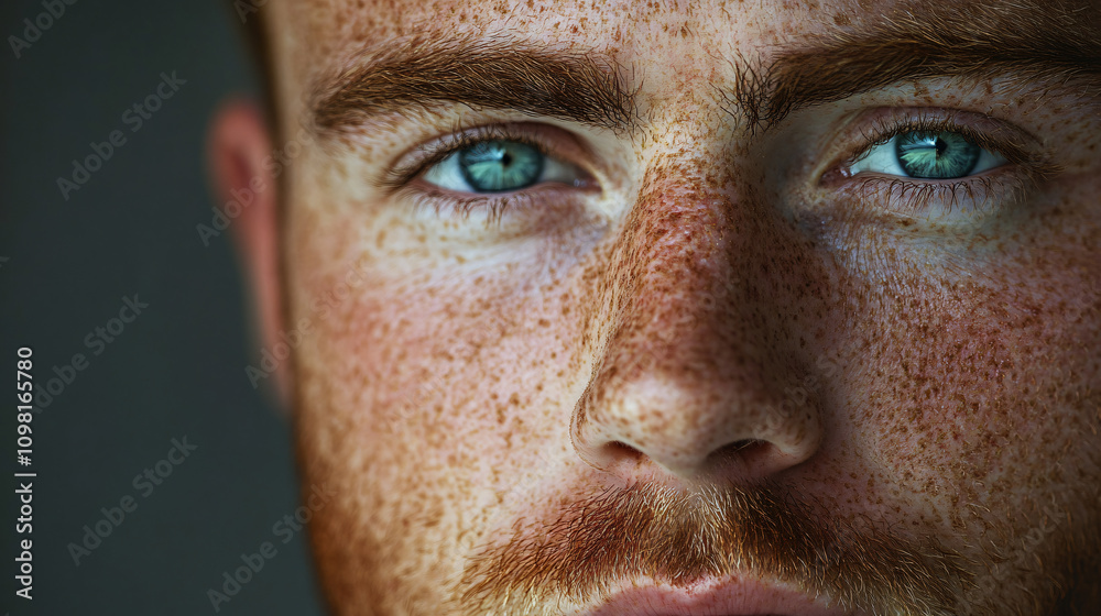 Obraz premium Close-up portrait highlighting the freckles and red hair of a serious young man with light blue eyes