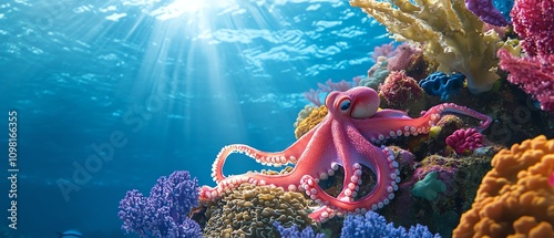 Vibrant octopus in a colorful coral reef. Stunning underwater scene with diverse marine life. Ideal for ocean, nature, wildlife themes. photo