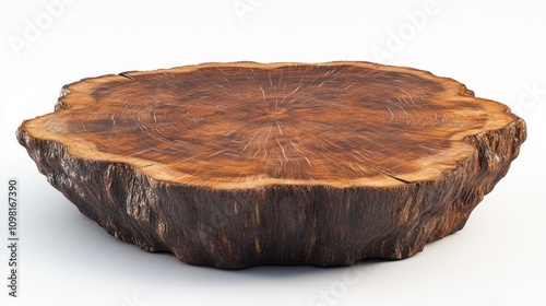 Rustic wooden tree slice, round, natural, polished top, rough bark edge, isolated on white.