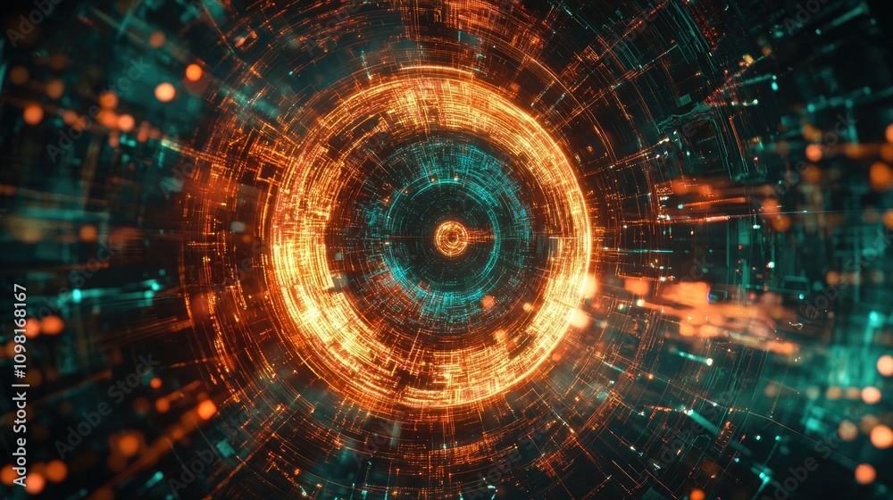 Obraz premium A conceptual image of a glowing digital eye surrounded by data points and circuit patterns, symbolizing the future of AI and visual systems.
